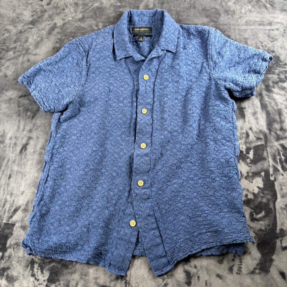 Banana Republic Button Down Shirt Mens Medium Blue Short Sleeve Textured 5065